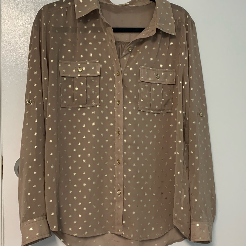 Faith and joy top with gold polka dots and buttons sheer roll up tab sleeve